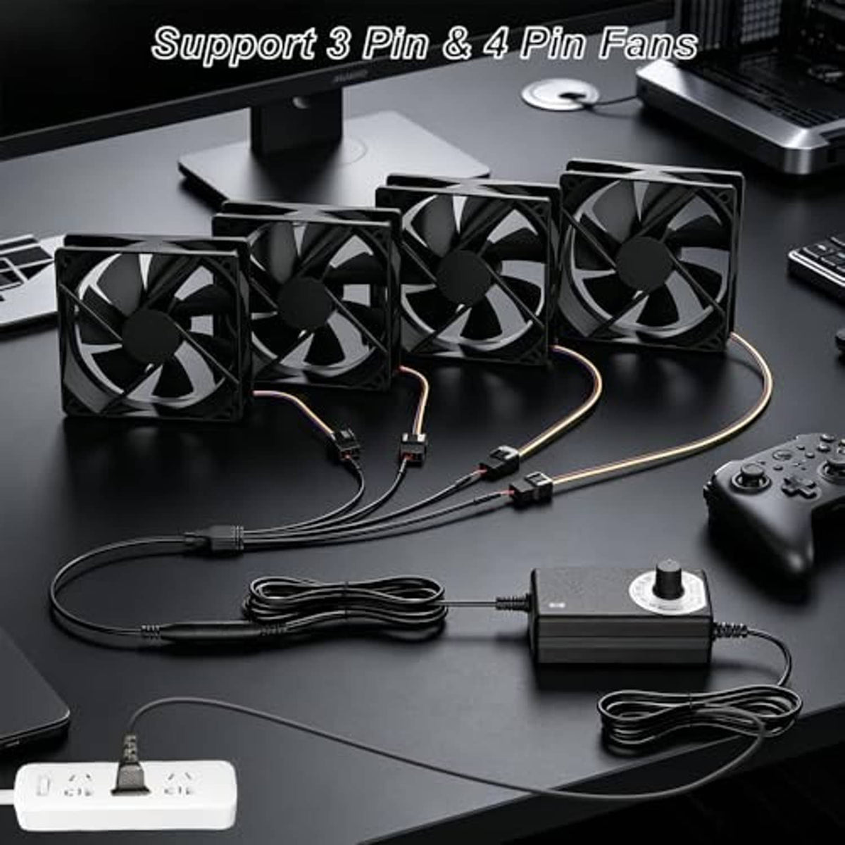12V PWM PC fan hub powering multiple 3- and 4-pin fan connectors