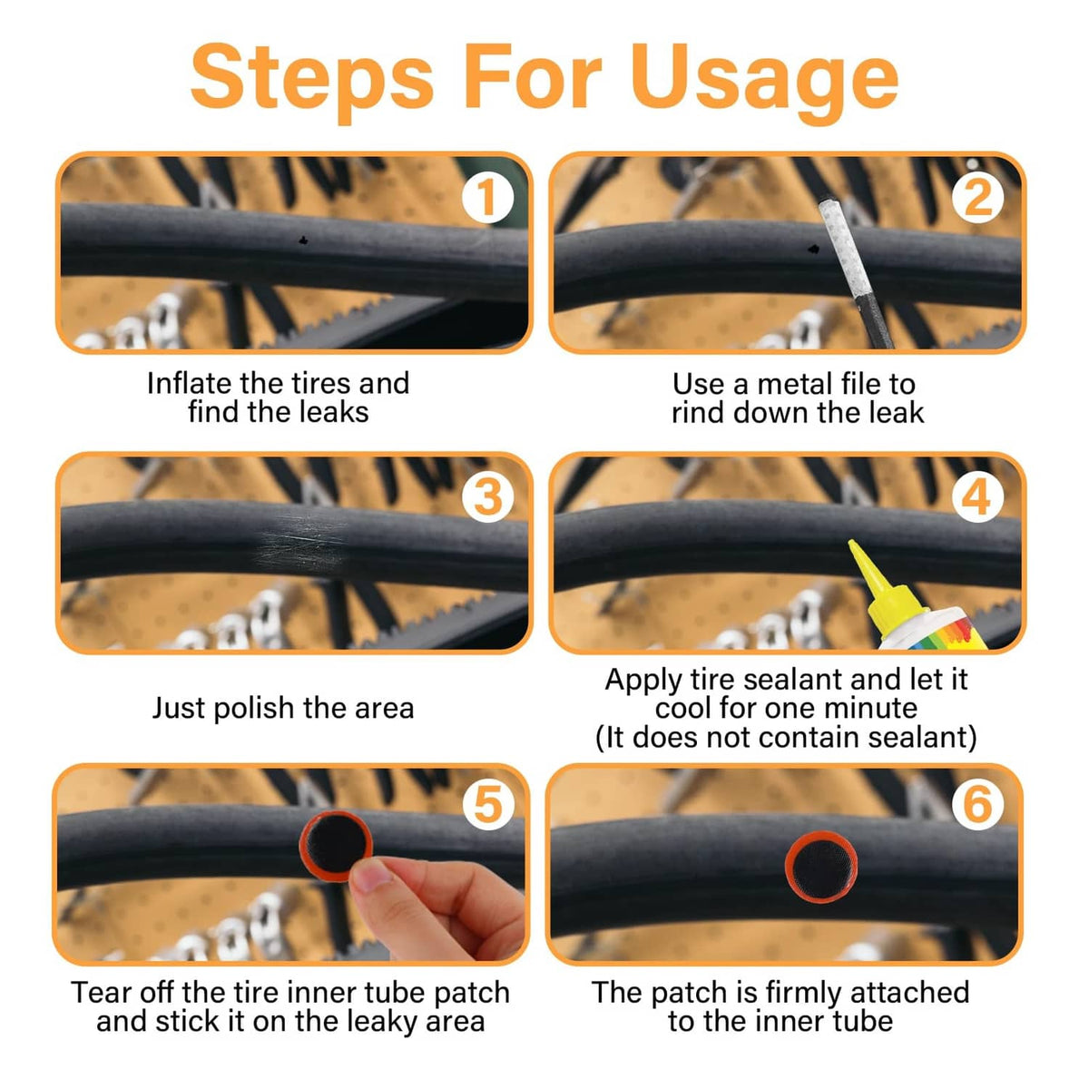 Rubber inner tube patching steps showing patch being placed on a bicycle tire