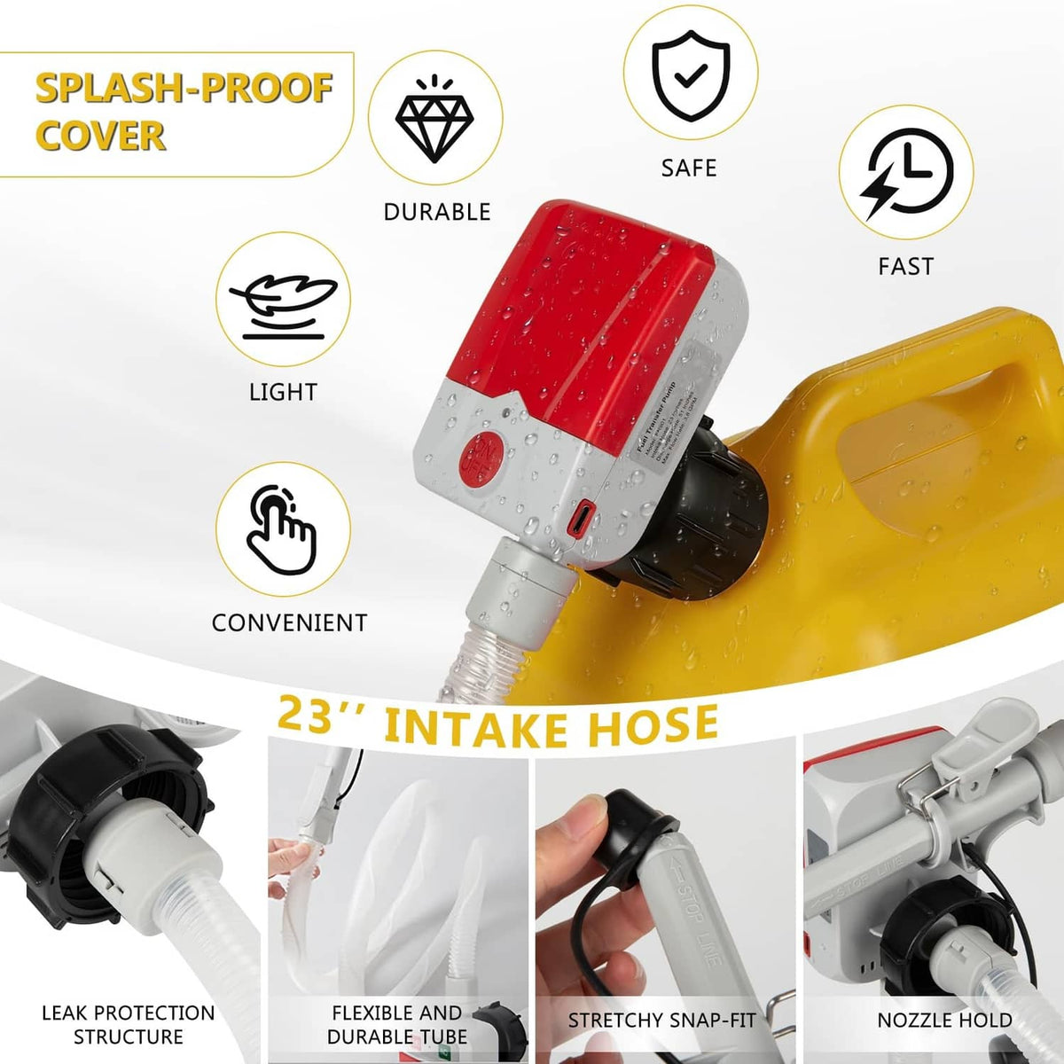 Red splash-proof pump head on yellow fuel can with intake hose and nozzle tips