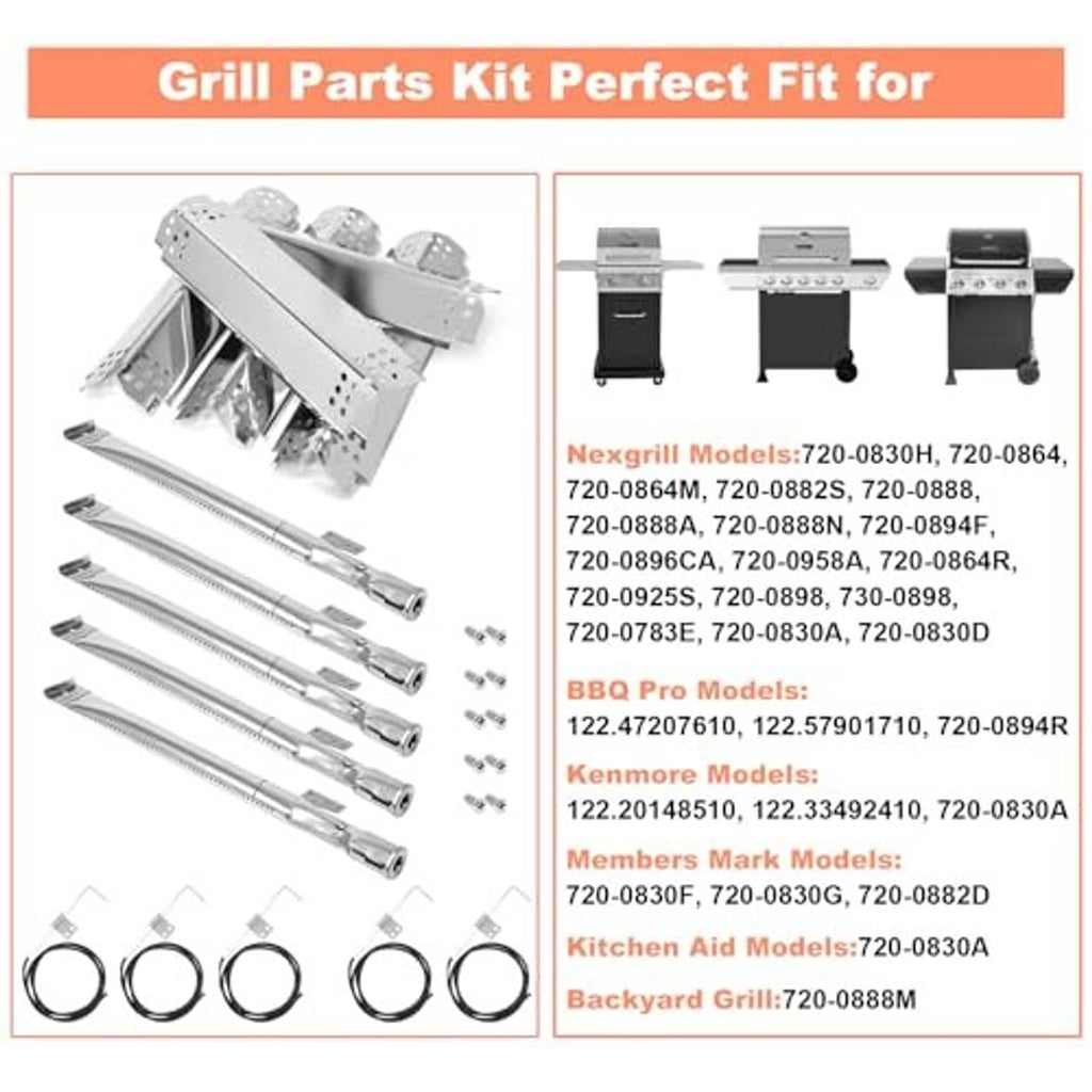 Stainless steel grill parts kit listing compatible models with heat plates and burner tubes