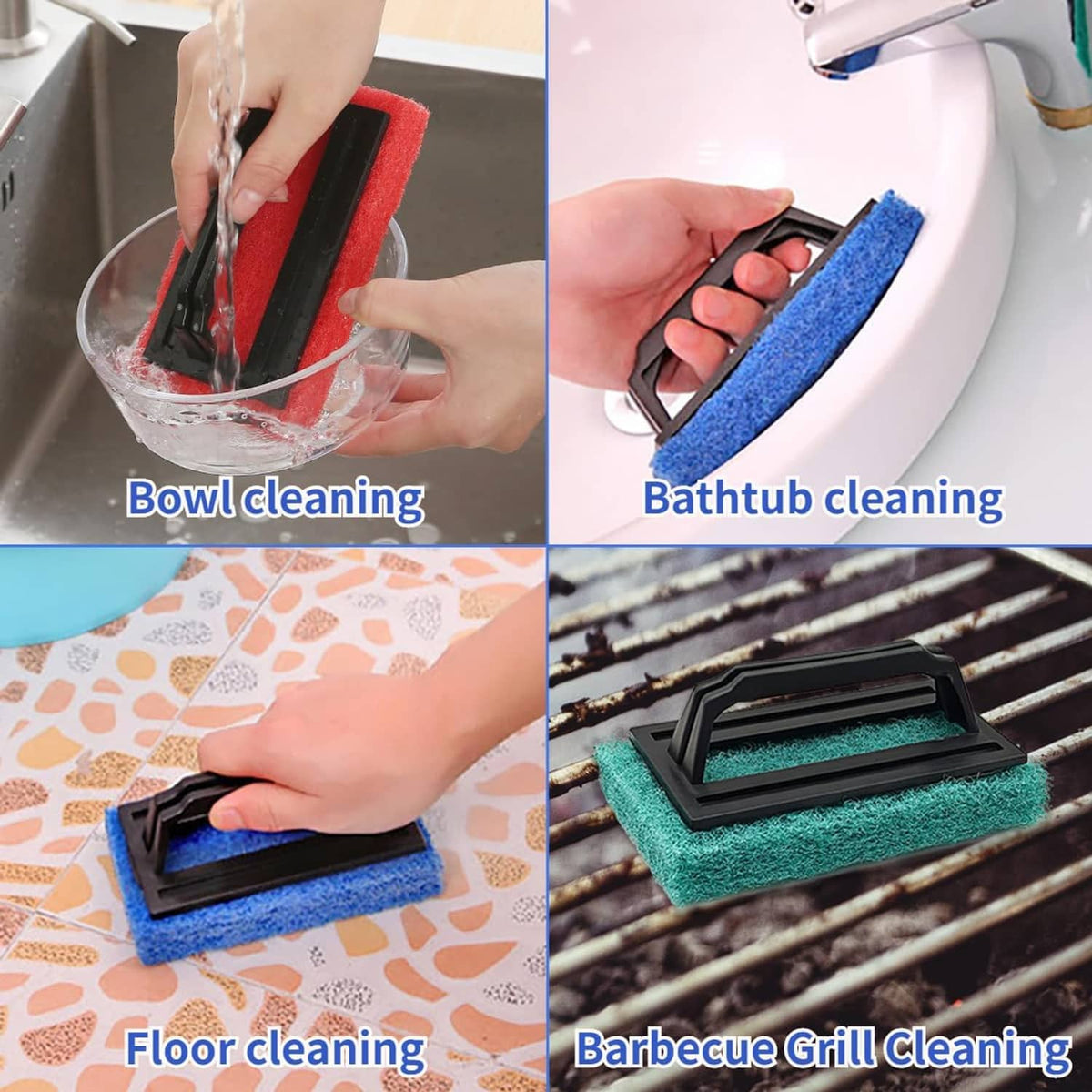 Scrub brush with black handle and red sponge pad shown cleaning sink, tub, floor, and grill.