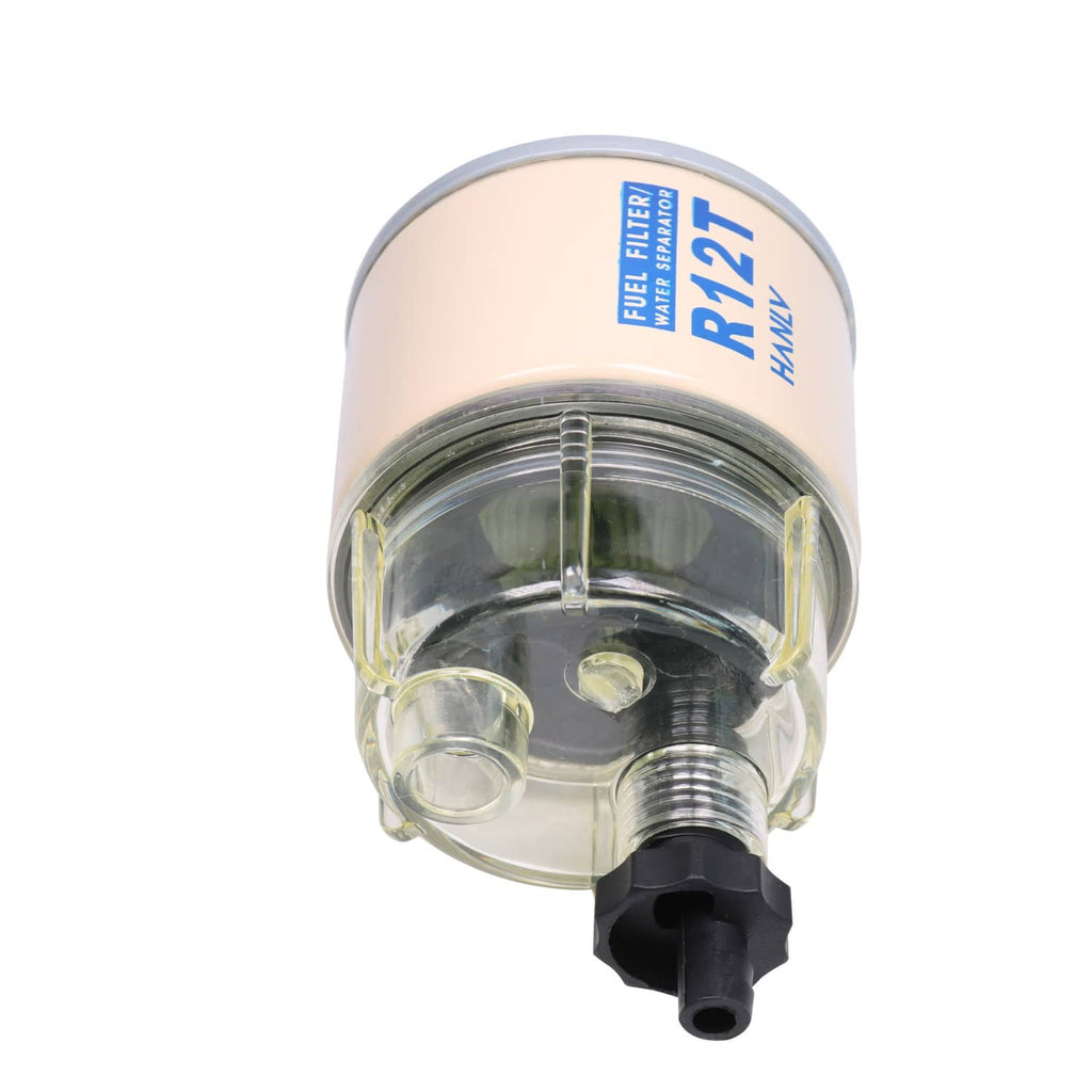 Fuel filter water separator spin-on view of top canister with R12T and mounting outlet