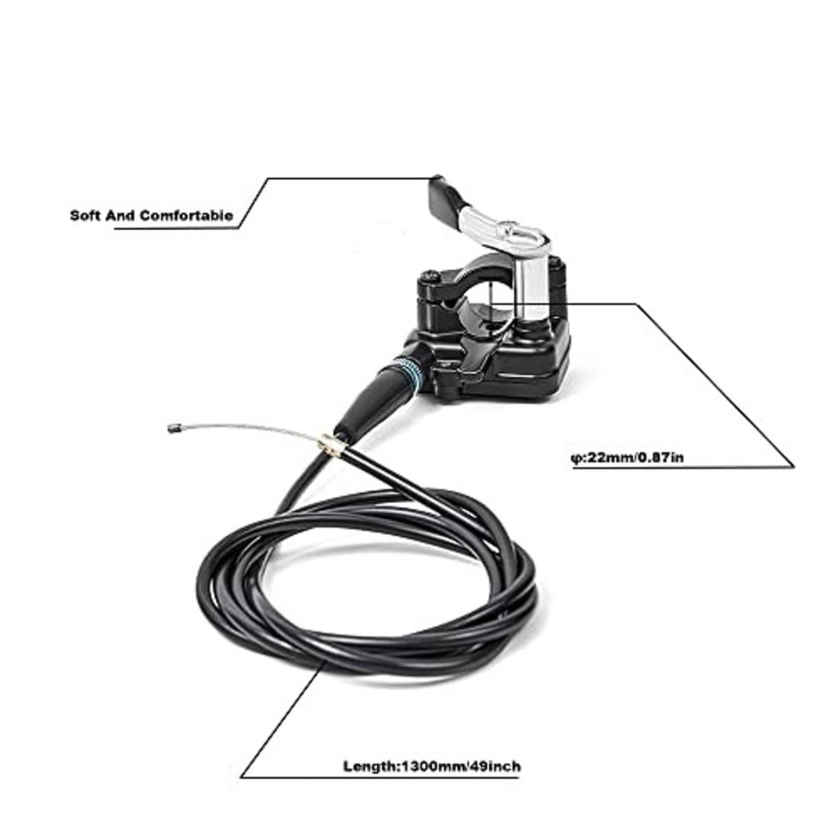 Thumb throttle lever and long cable with dark textured grips