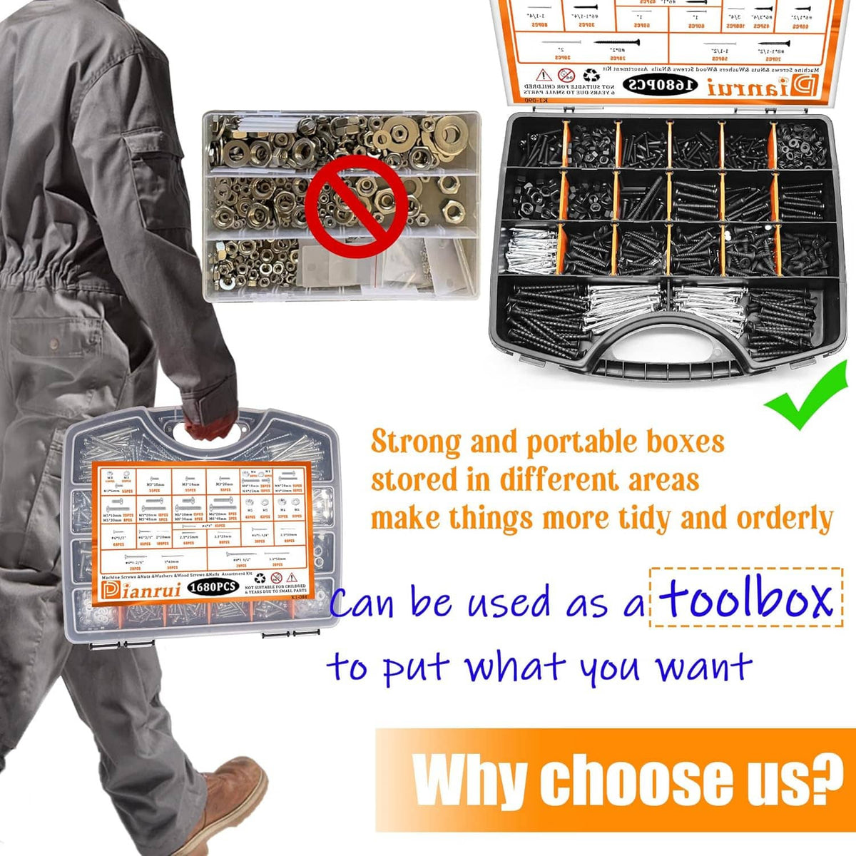 Portable hardware kit case with compartments holding black screws, nails, and hex nuts