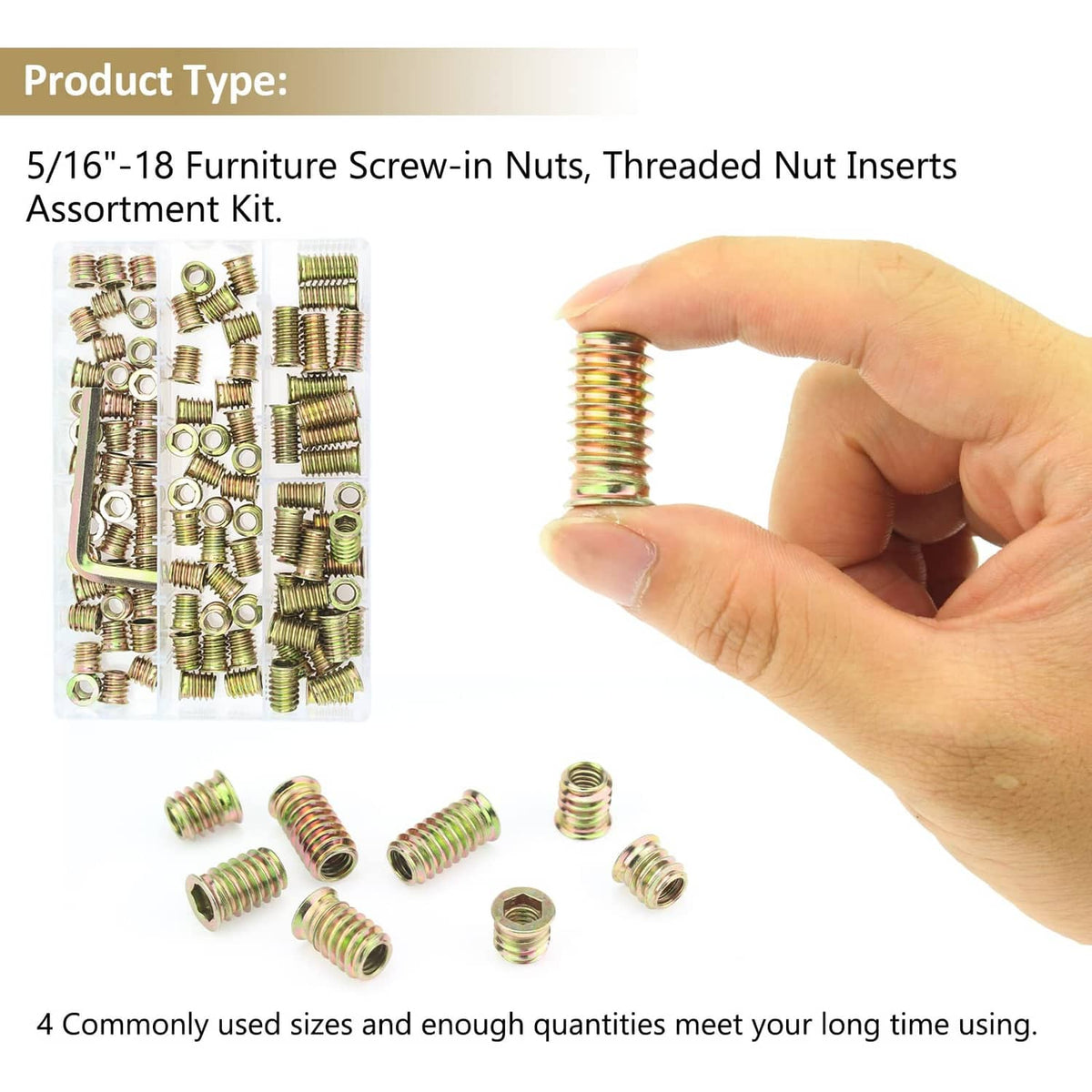 Zinc-plated steel screw-in nut insert held in hand with assortment pieces shown