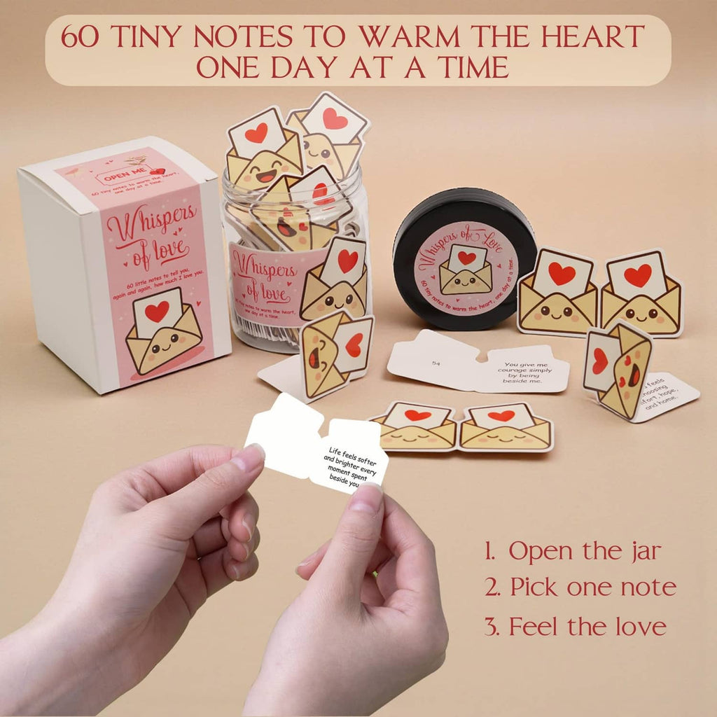 Hands holding white note cards beside a heart-themed note jar with envelope icons