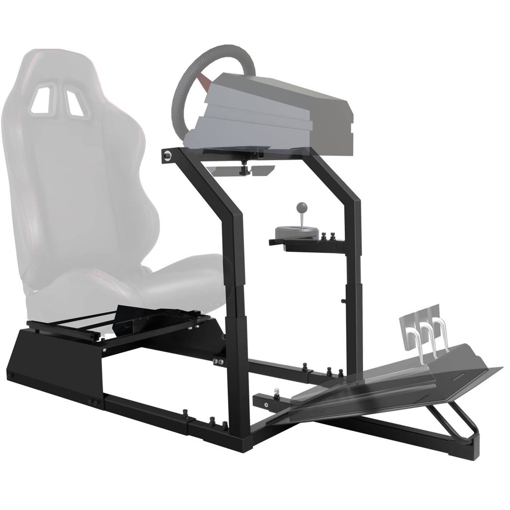 Racing simulator steering wheel stand with seat frame, shifter mount, and pedal platform