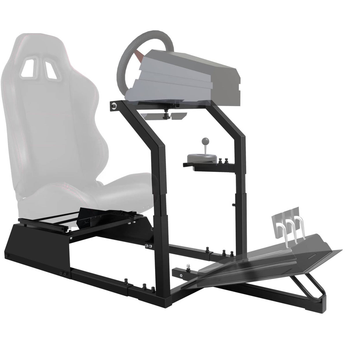 Racing simulator steering wheel stand with seat frame, shifter mount, and pedal platform