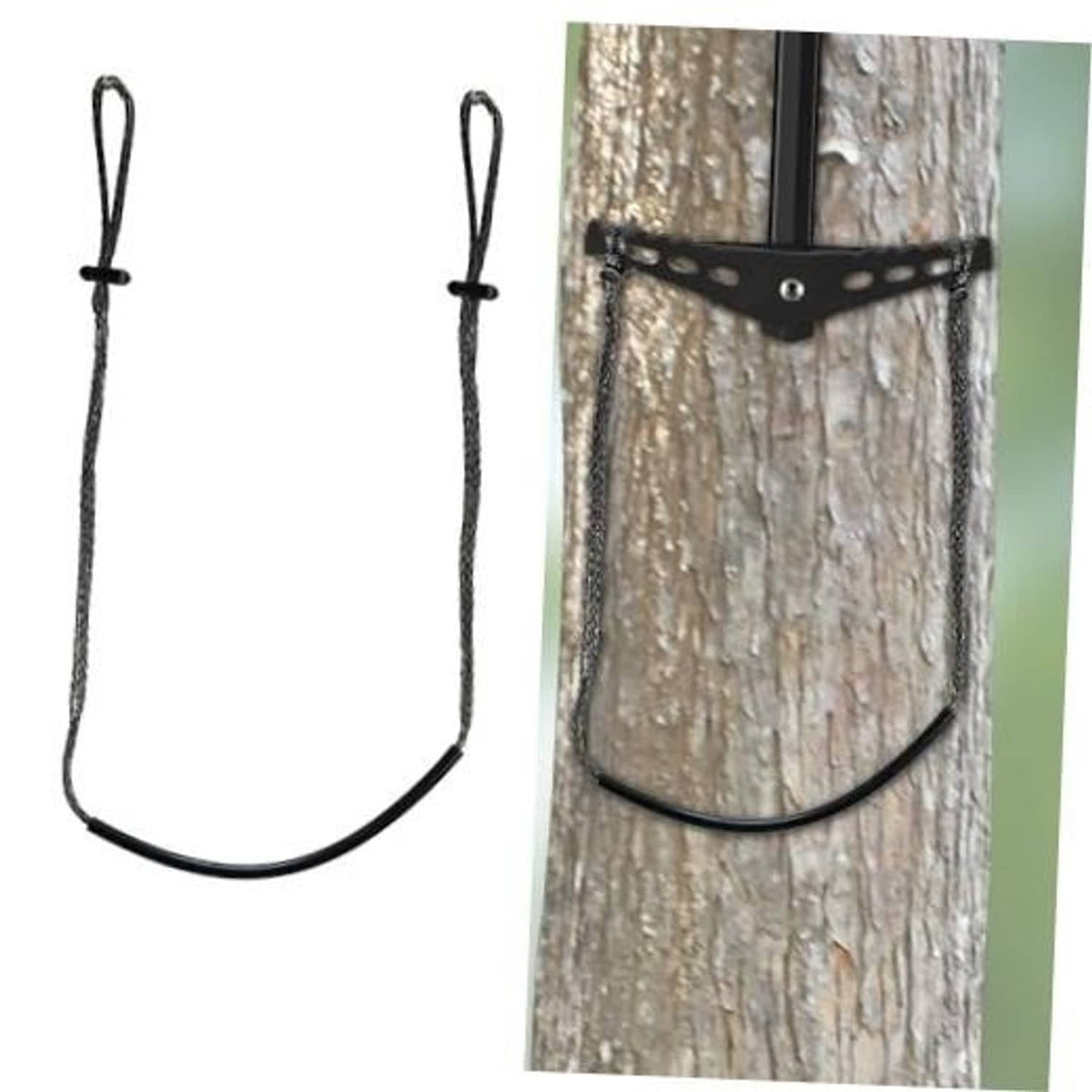 Climbing stick step aide strap with black rope loop and adjustable buckle.