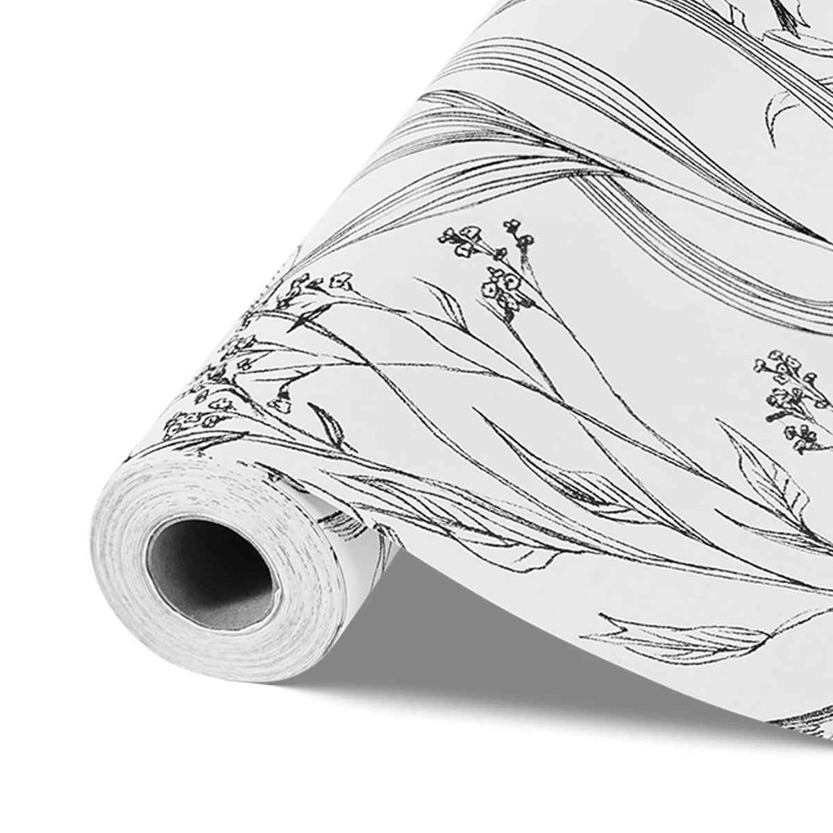 Self-adhesive botanical floral wallpaper roll, white base with black line art leaves