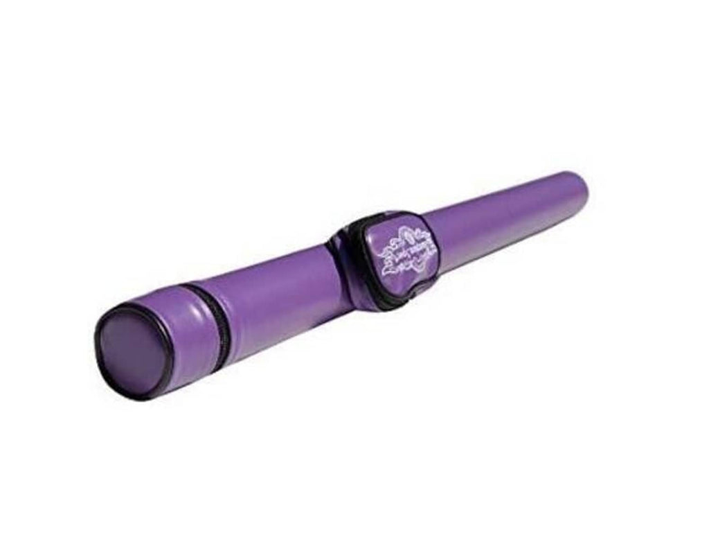Purple 1x1 pool cue stick case with black end cap and logo patch