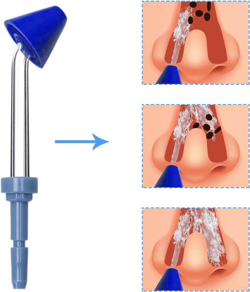 Blue nasal rinse tip on metal tube, with use diagram on face