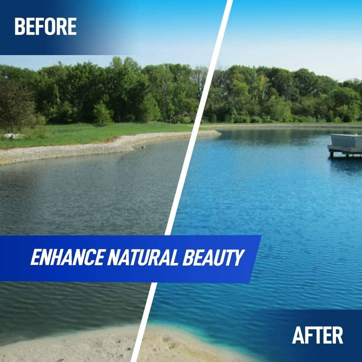 Before-and-after pond water effect, gray water before and vivid blue water after.
