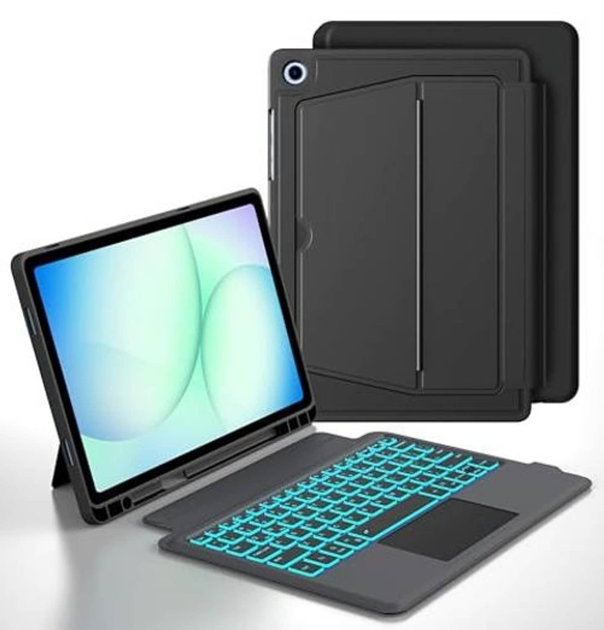 Black folio tablet keyboard case with stand and teal backlit keyboard