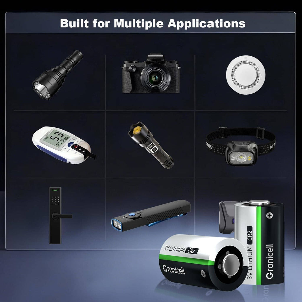 CR2 lithium battery shown with small device icons, silver cap and green stripe
