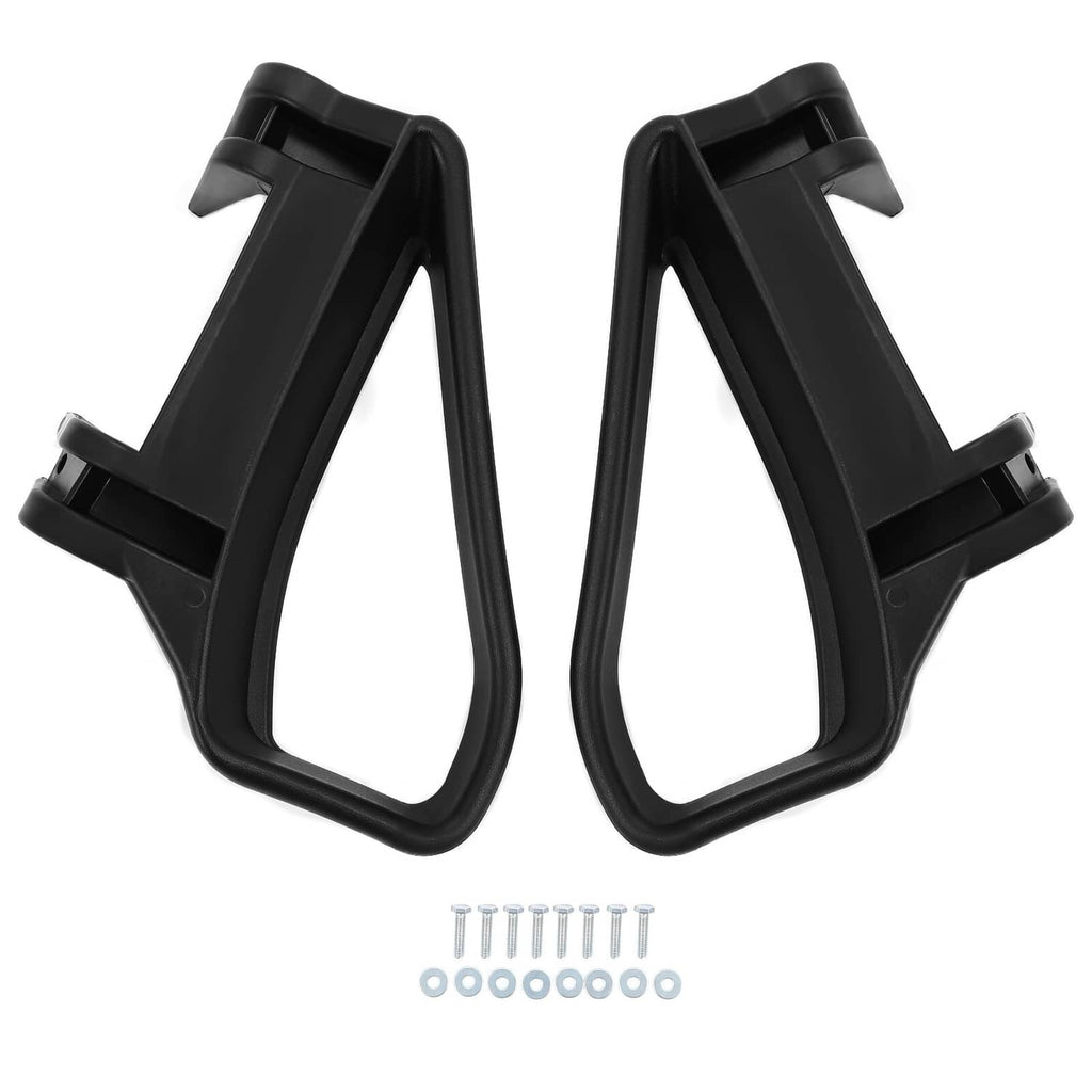Pair of black plastic golf cart seat armrest/hip restraint supports with hardware