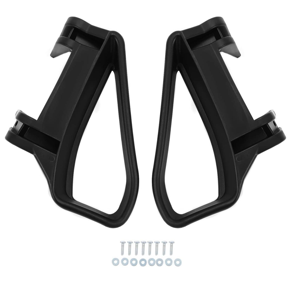 Pair of black plastic golf cart seat armrest/hip restraint supports with hardware