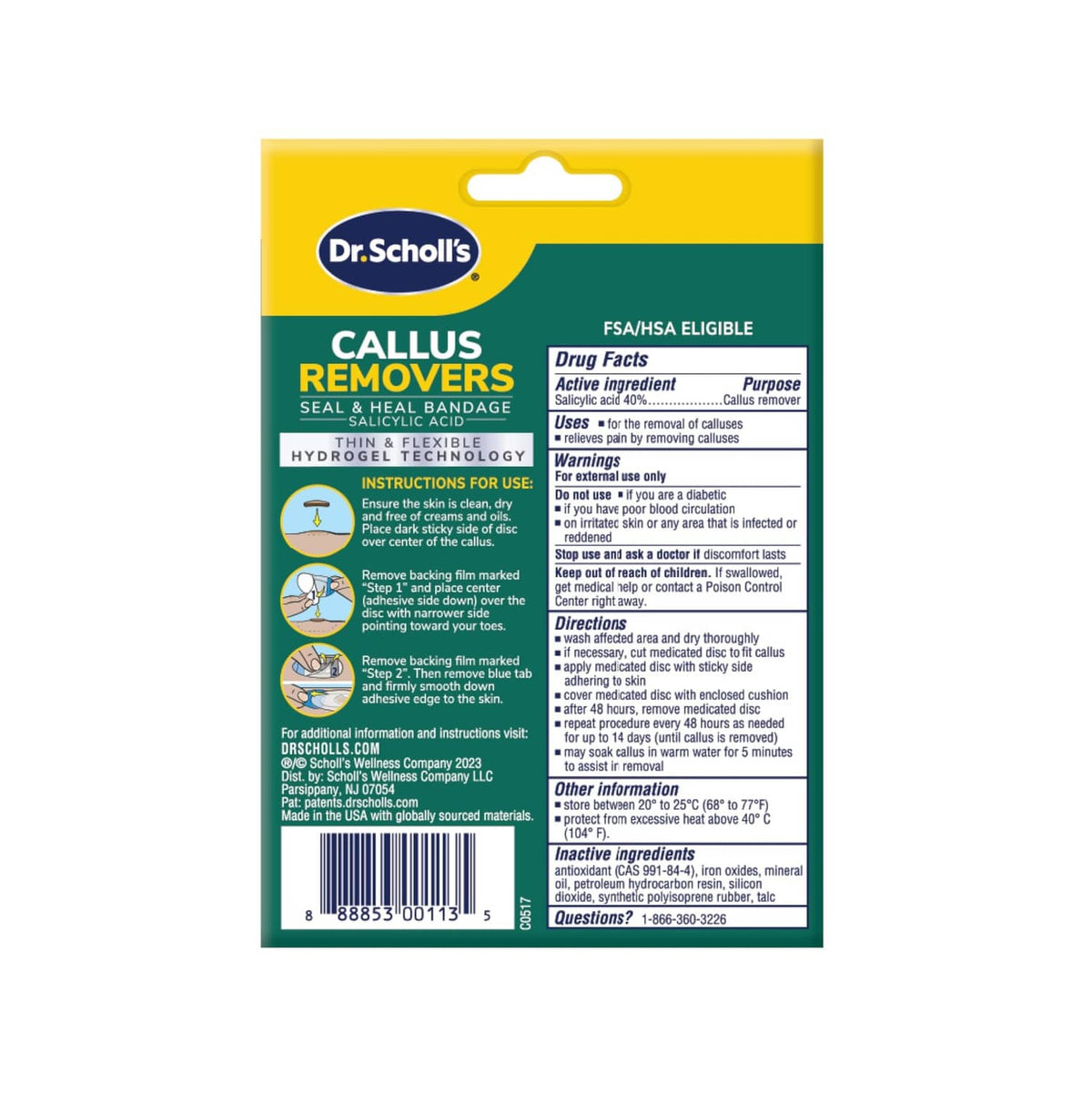 Dr. Scholl's callus remover seal & heal bandage back panel with instructions