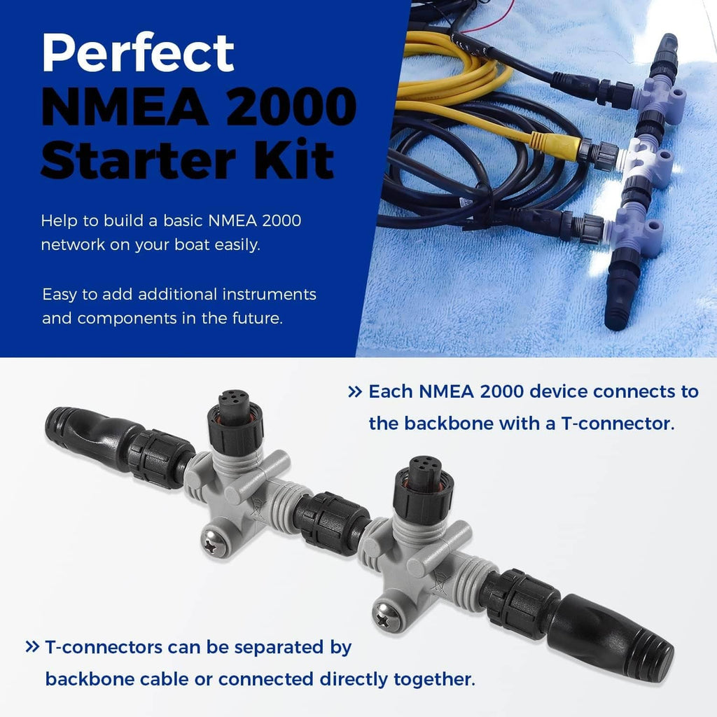 NMEA 2000 starter kit components with T-connectors and backbone cable set