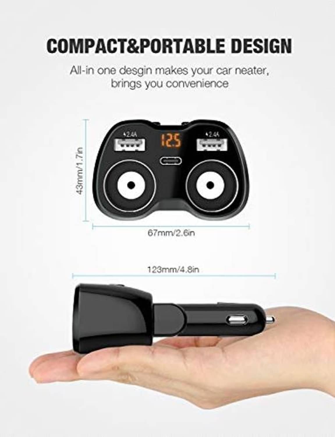 Compact dual USB car charger splitter with LED screen and Type-C ports, size shown