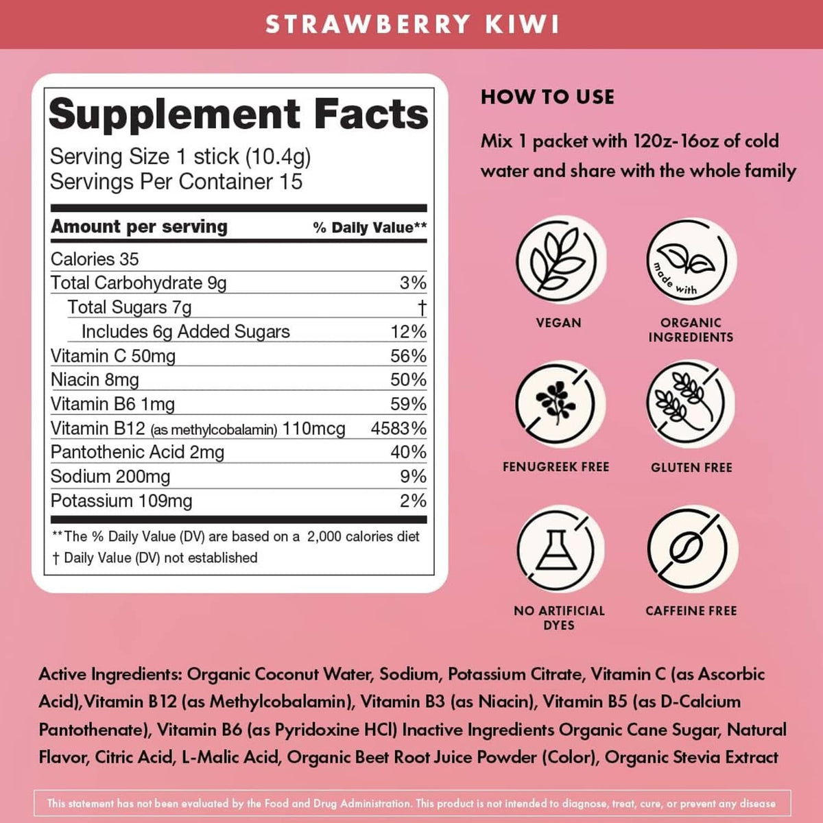 Hydromom strawberry kiwi supplement facts panel and how-to-use instructions