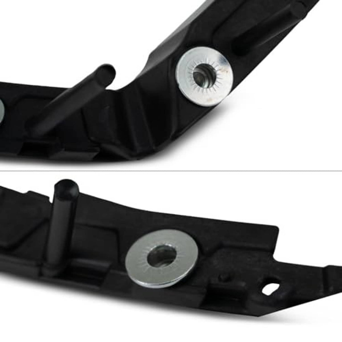 Close-up of black bumper cover retainer clips with metal threaded inserts