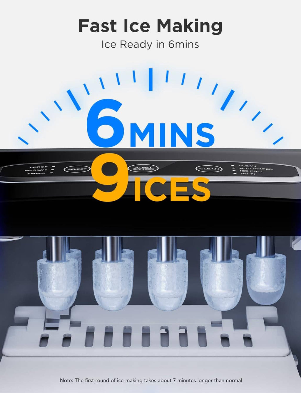 Countertop ice maker showing ice cubes being produced from the ice tray