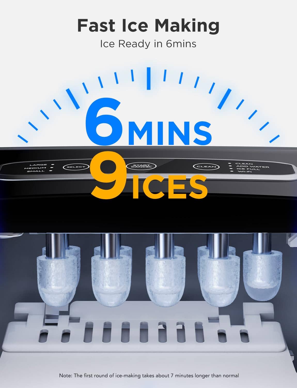 Countertop ice maker showing ice cubes being produced from the ice tray