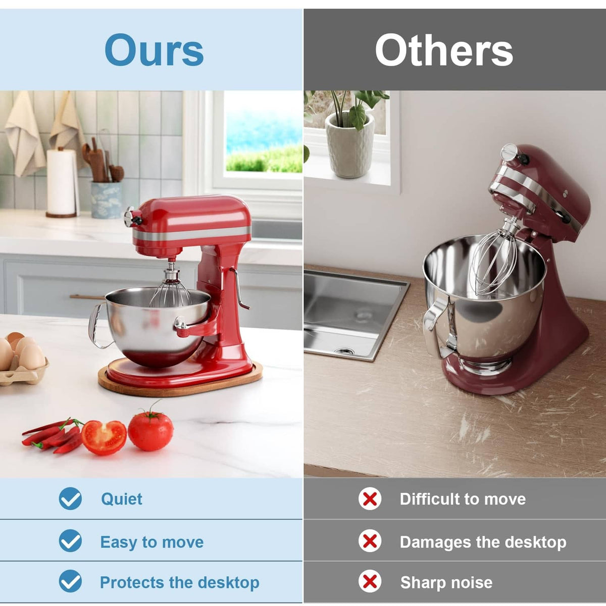 Brown wood slider under KitchenAid mixer, helps protect the desktop surface