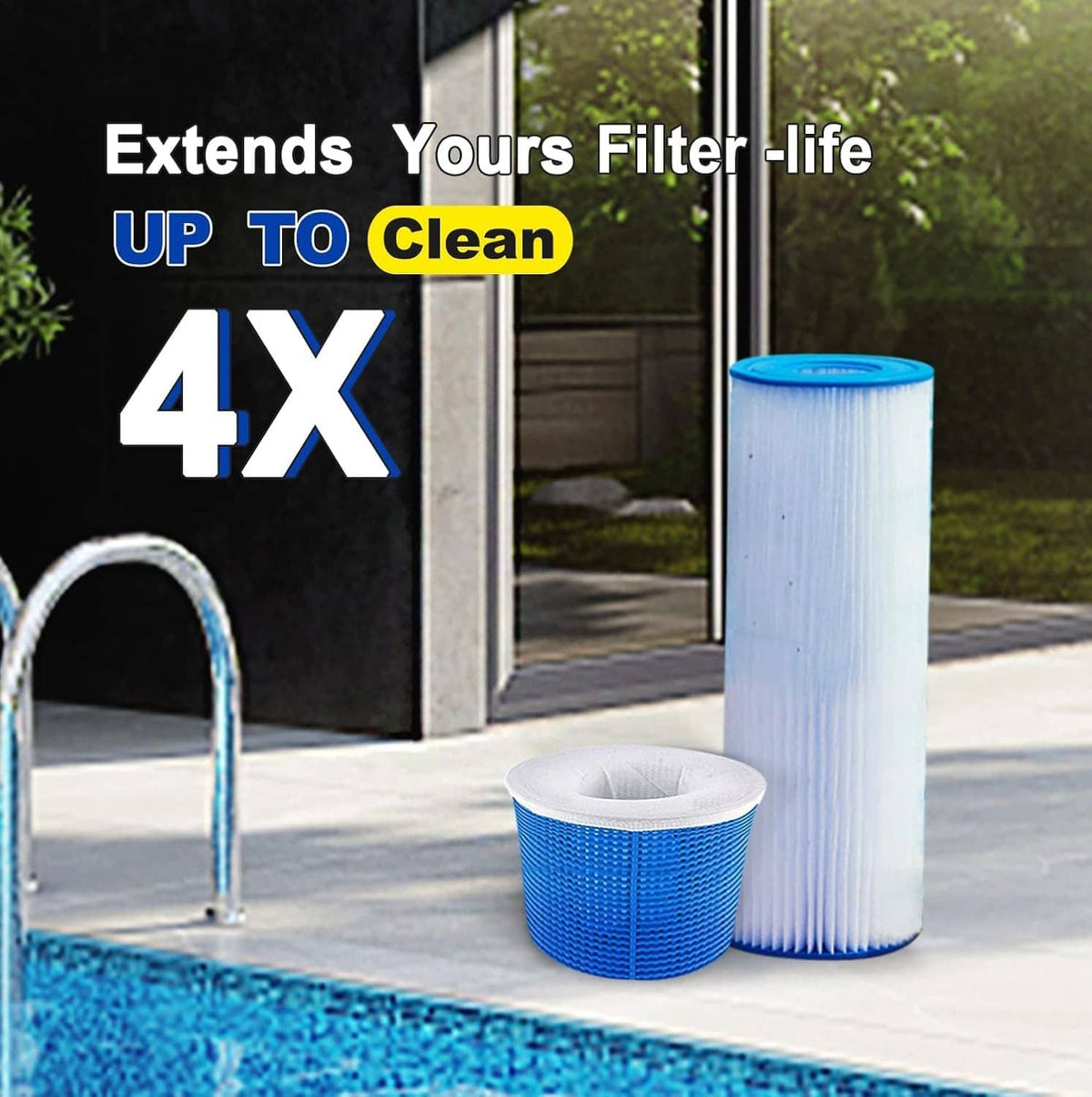 Pool skimmer sock pre-filter, white inner sleeve on a blue mesh skimmer basket.