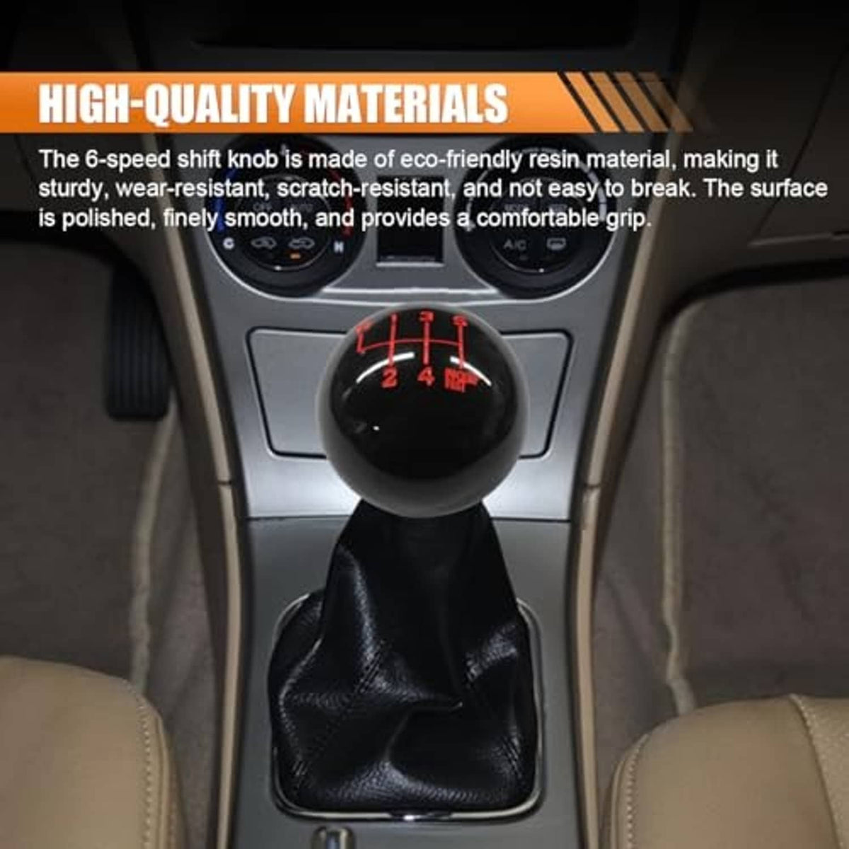 Black 6-speed shift knob with red numbers on a leather shift boot