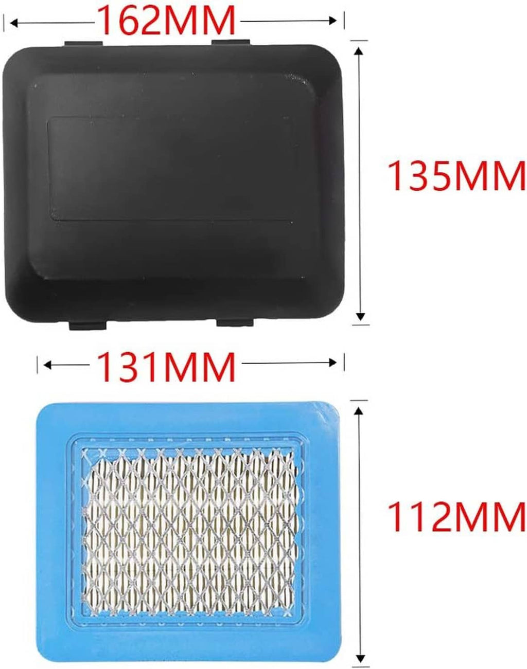 Air cleaner cover and air filter with blue frame shown with size measurements