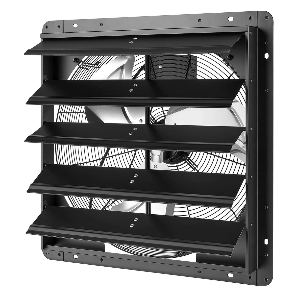 20-inch wall-mount shutter exhaust fan with automatic louvers, black housing and blades