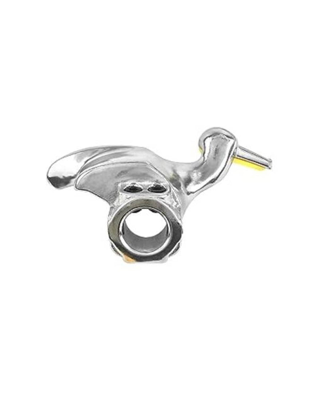 Chrome tire changer duckhead tool with yellow insert and mounting hole, close-up