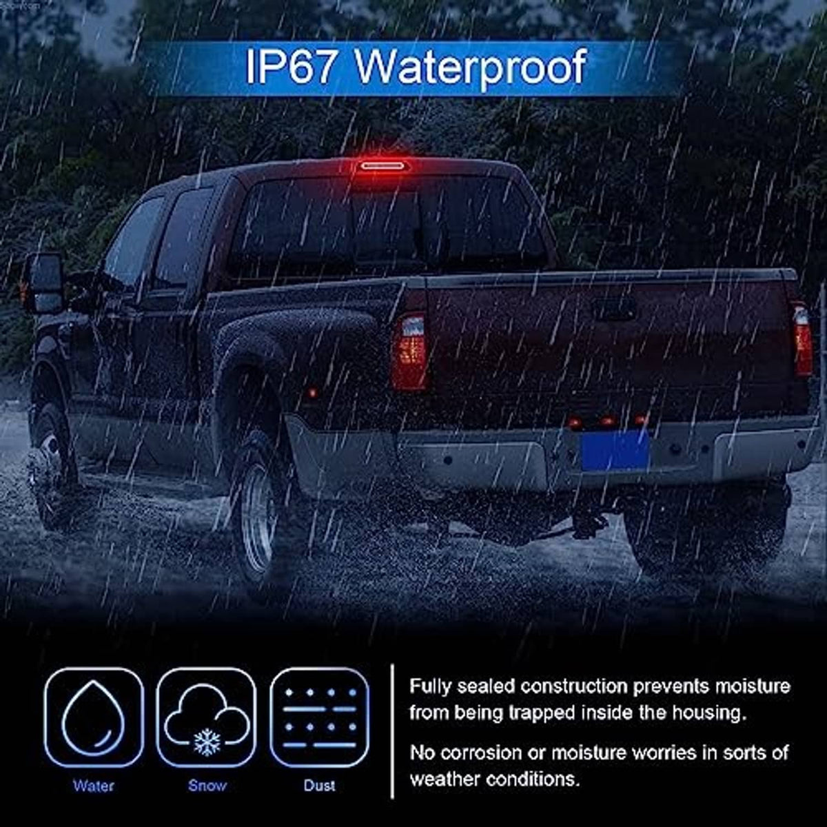 Waterproof smoked LED third brake light on pickup truck in rain, red light on