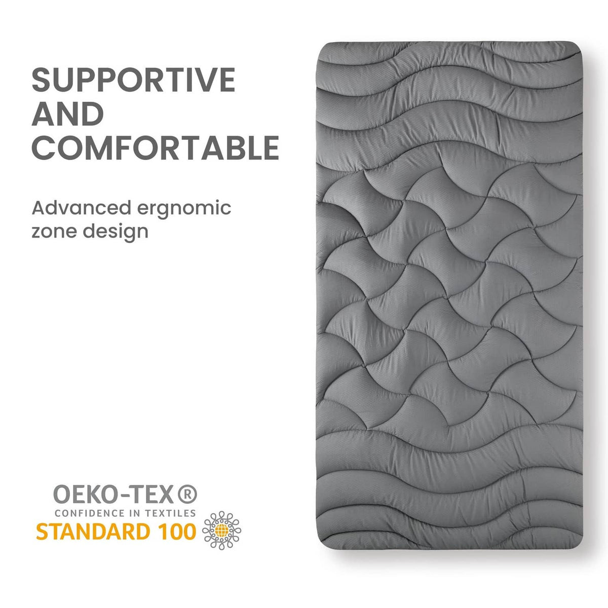 Gray zoned mattress topper with ergonomic quilted comfort design