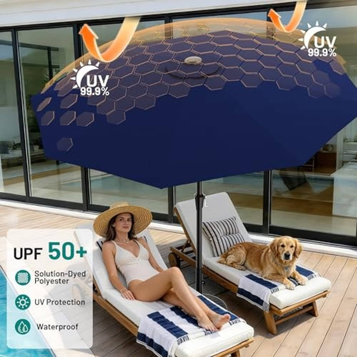 Navy outdoor patio umbrella canopy with hex-pattern fabric and center cap