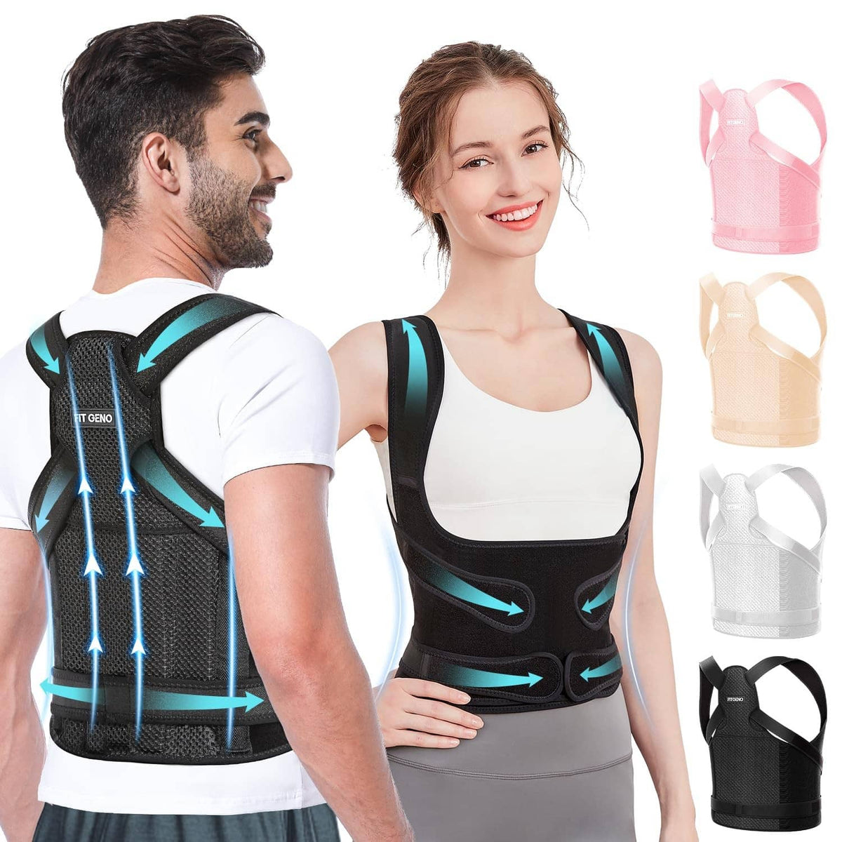 Black posture corrector back brace with wide support panel and adjustable straps