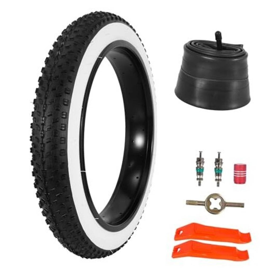 Foldable fat bike tire, black with white sidewall; includes inner tube, valves, tools