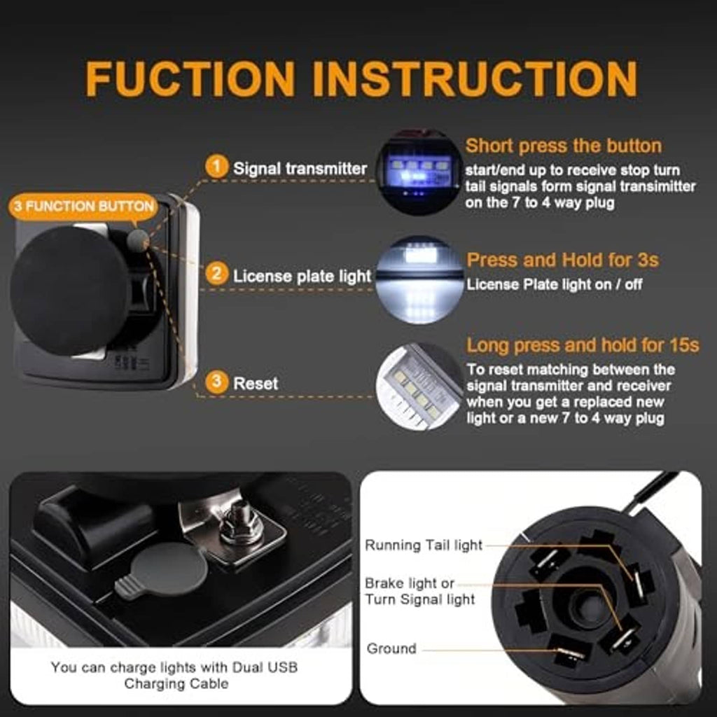 Wireless trailer light kit control module and charging instructions layout with plug and light
