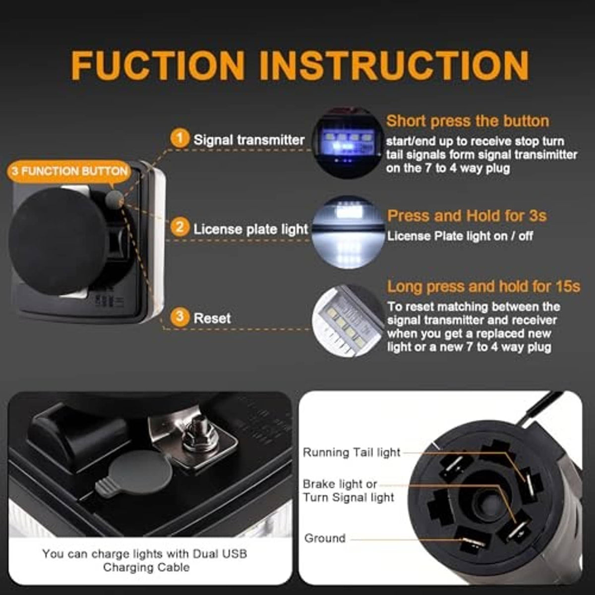 Wireless trailer light kit control module and charging instructions layout with plug and light