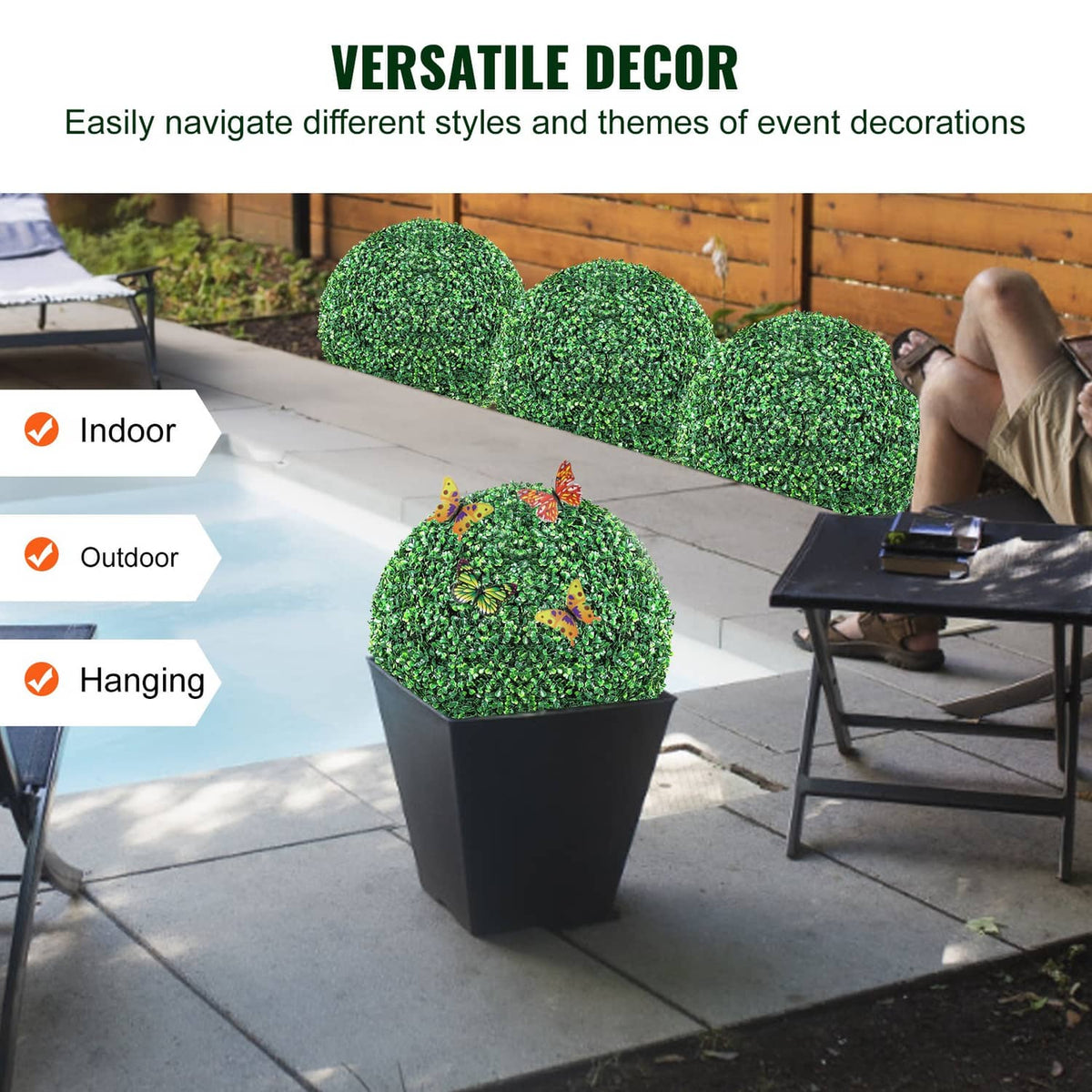 Artificial green topiary balls in planter for indoor or outdoor decor