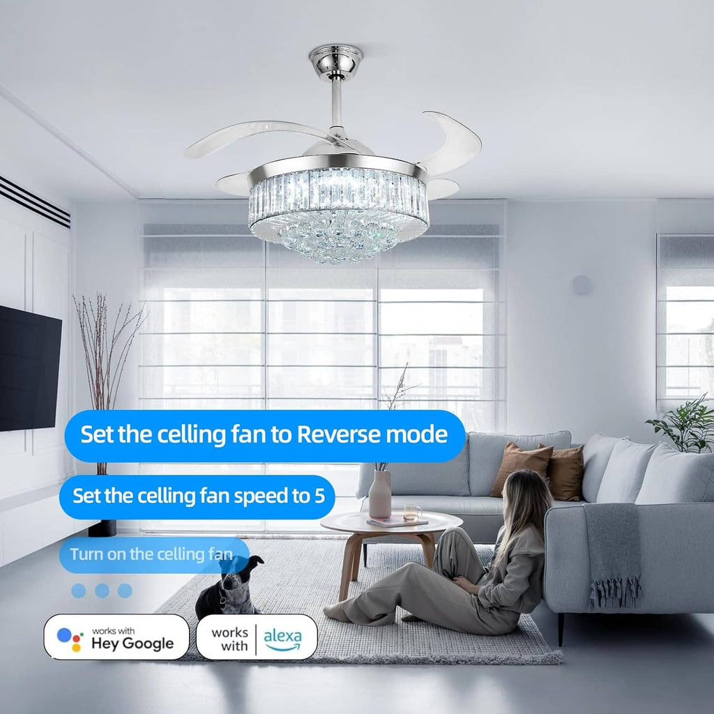 Chrome ceiling fan with crystal light fixture and four curved blades in a living room