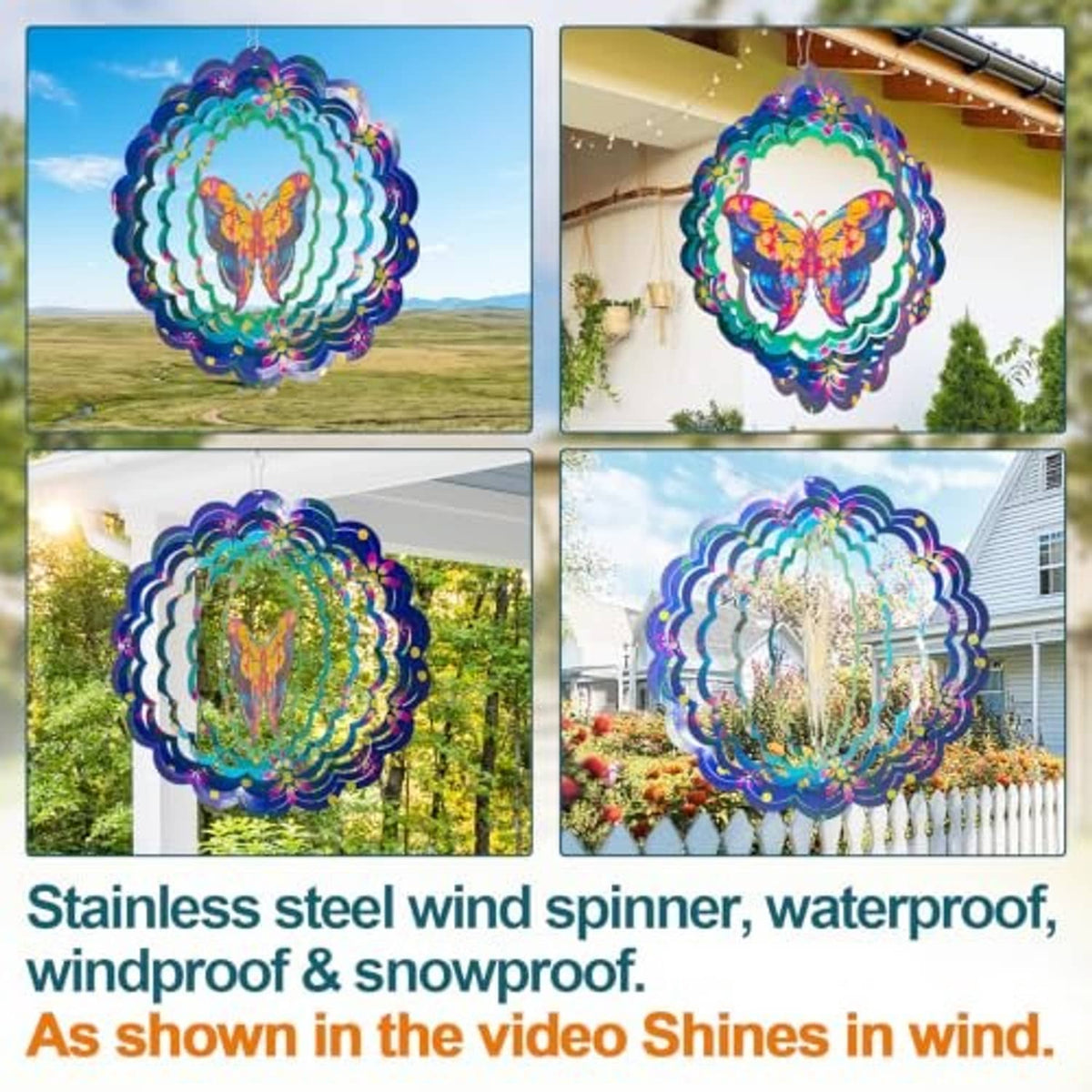 Butterfly metal wind spinner with multicolor UV-style print on layered circular cutouts