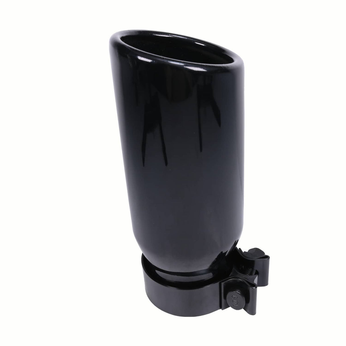 Black exhaust tip with glossy finish and side clamp, angled view