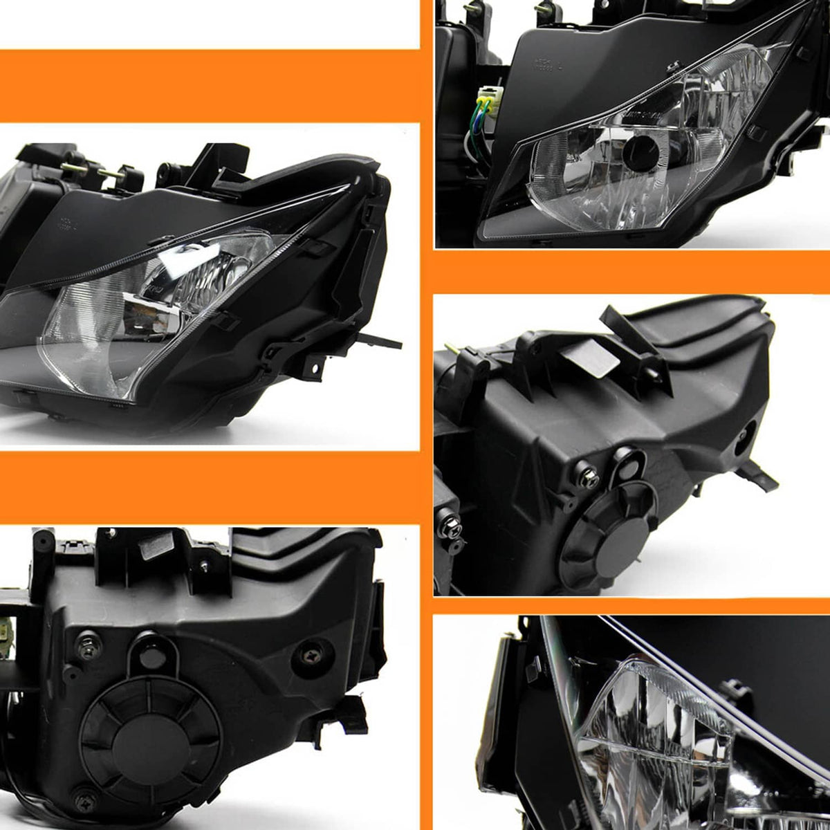 Black headlight housing details with mounting points and clear lamp lens