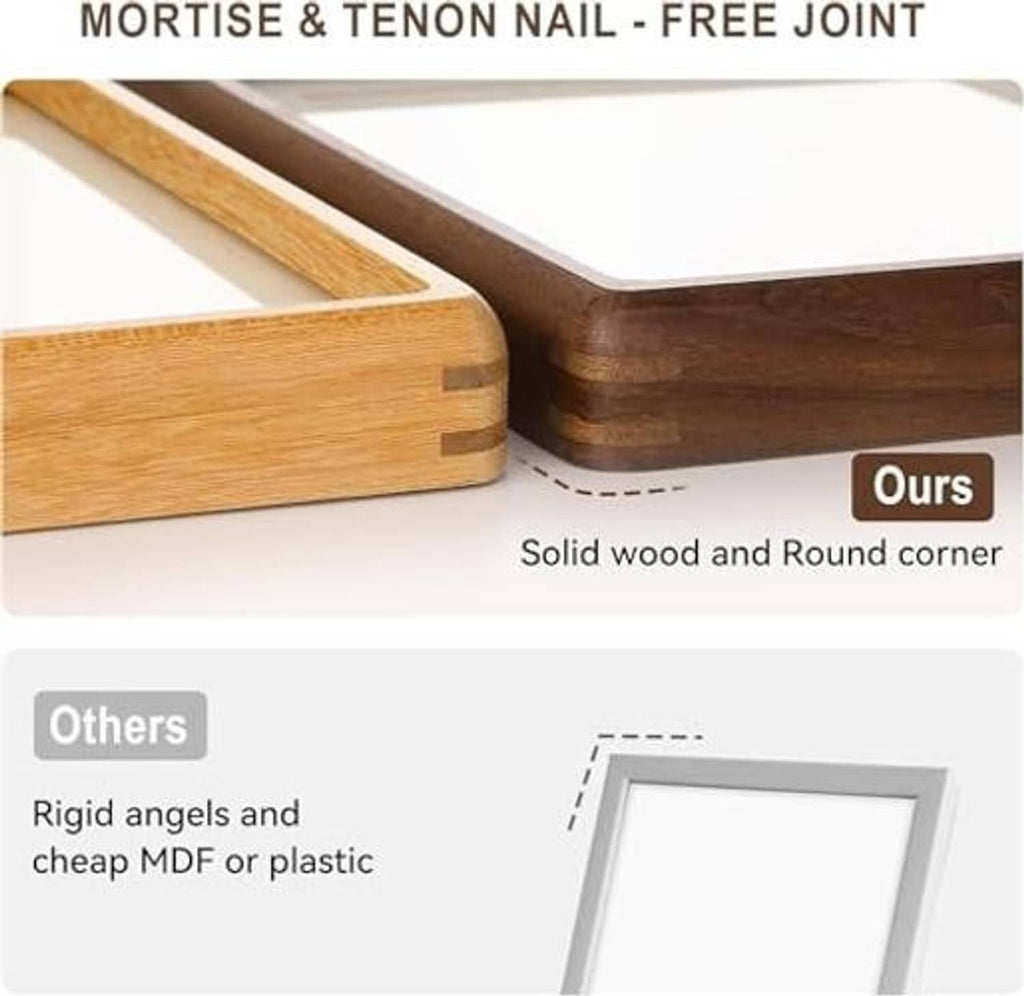 Solid wood photo frame corners with smooth rounded edge in walnut and light wood
