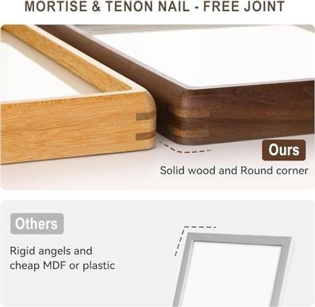 Solid wood photo frame corners with smooth rounded edge in walnut and light wood