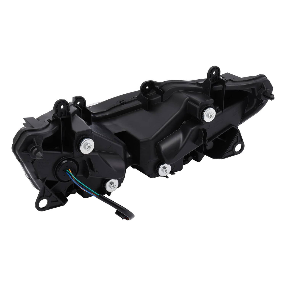 Black headlight mounting bracket housing with plug connection and fasteners