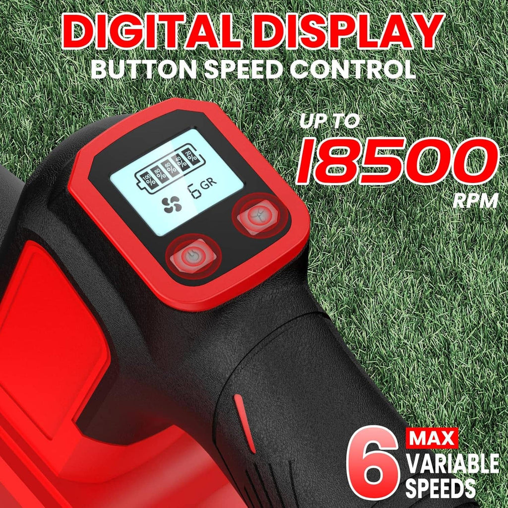 Cordless leaf blower handle with digital display, speed buttons, and red control panel